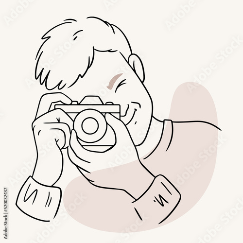 Hand drawn man taking photo in line art style. Sketch outline isolated minimalistic illustration.