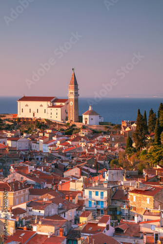Obraz na płótnie Piran, Slovenia. Aerial cityscape image of beautiful Piran, Slovenia at spring sunset. w salonie