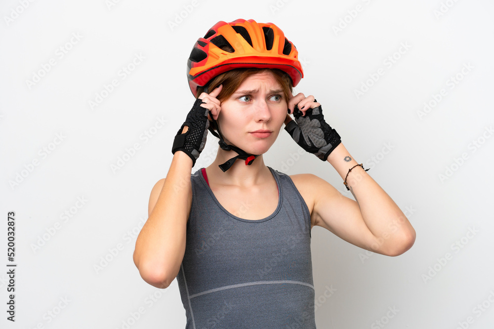 Young cyclist English woman isolated on white background having doubts and thinking Young cyclist English woman isolated on white background having doubts and thinking