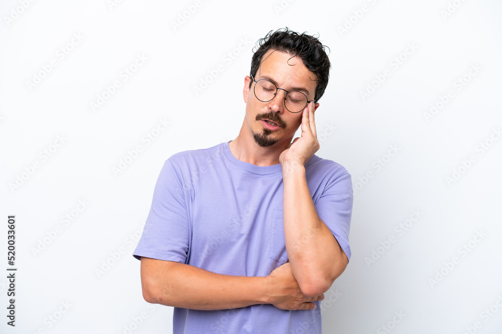 Young man with moustache isolated on white background with headache Young man with moustache isolated on white background with headache