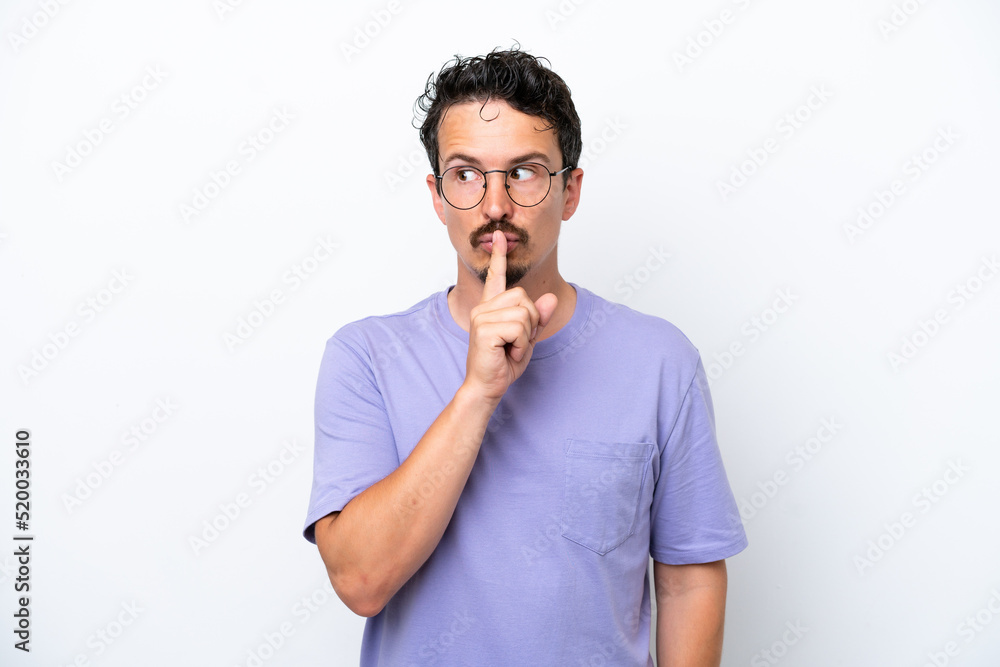 Young man with moustache isolated on white background showing a sign of silence gesture putting finger in mouth Young man with moustache isolated on white background showing a sign of silence gesture putting finger in mouth