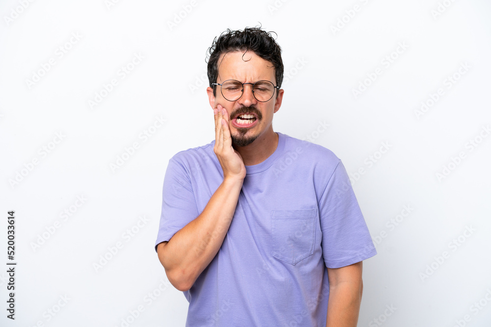 Young man with moustache isolated on white background with toothache Young man with moustache isolated on white background with toothache