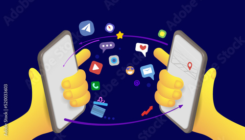 Communication between people using a smartphone,
 icons and apps. Horizontal vector banner.
