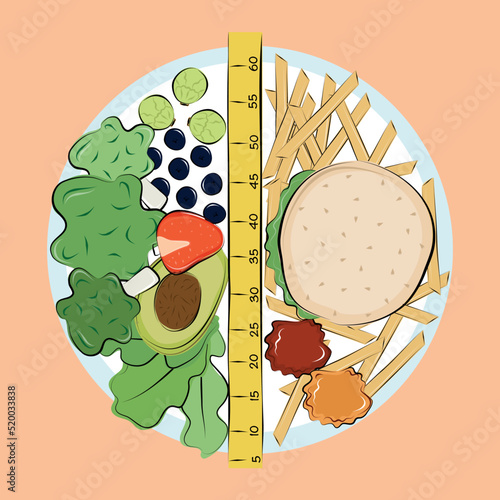 Proper diet. Vegetarian. Dividing the plate into healthy and unhealthy food. Vegetables and fruits. Burger with French fries and sauces. Colorful flat illustration.