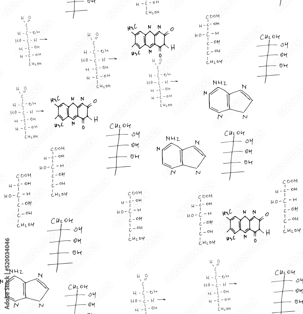 Chemical formulas. Scientific, educational background. Seamless pattern. Vector on white.
