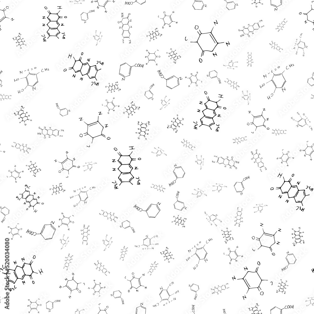 Chemical formulas. Scientific, educational background. Seamless pattern. Vector on white.