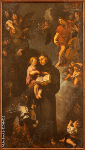 VALENCIA, SPAIN - FEBRUAR 17, 2022: The painting of St Anthony of Padua among the angels in the church Iglesia de San Lorenzo by unknown artist.