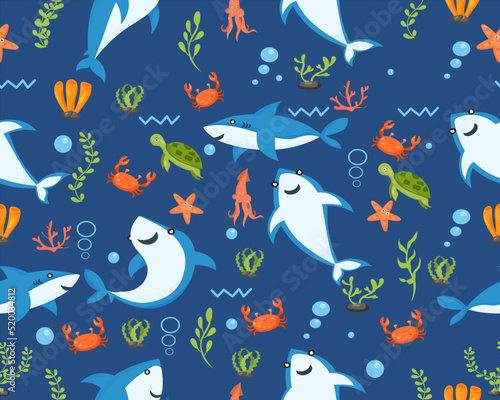 cute sharks pattern. cartoon shark, seaweed print. Sea wildlife, underwater world vector seamless texture