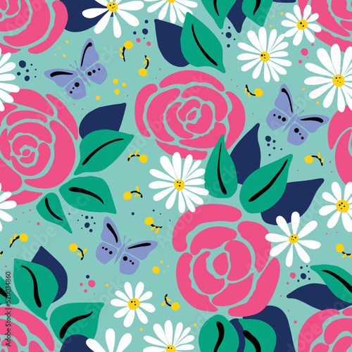 Vector seamless pattern with bold and colorful flowers.