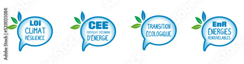 Logos :  transition écologique et énergétique, économie d'énergie, loi climat, sobriété énergétique, développement des énergies renouvelables EnR.