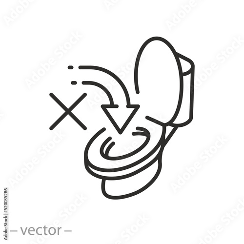 do not throw in the toilet, forbidden litter in the wc, thin line symbol on white background - editable stroke vector illustration