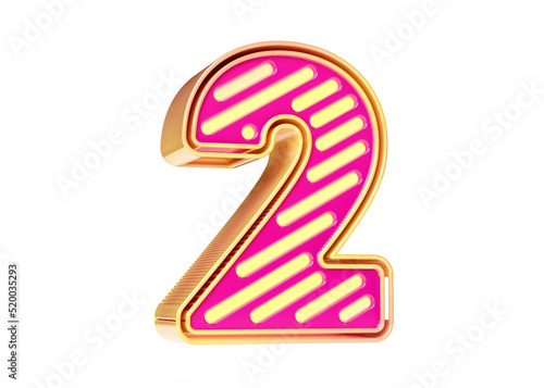 3D rendering neon typeset in pink and golden yellow color combination digit number 2. Illustration nice for headers, posters, advertisements or web projects.