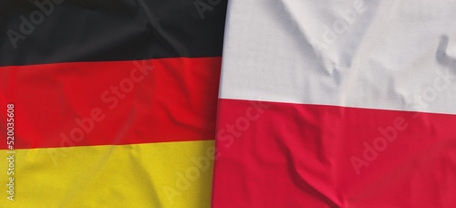 Flags of Germany and Poland. Linen flag close-up. Flag made of canvas. German, Berlin. Polish. State national symbols. 3d illustration.
