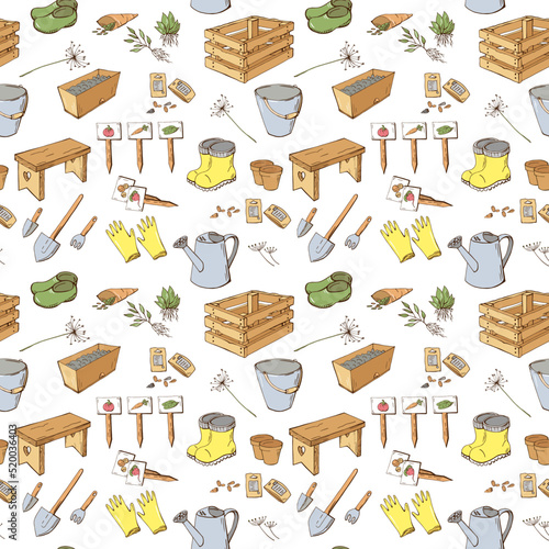 Colorful fun seamless pattern with hand drawn garden tools, watering can, boots, shovels, seeds. Endless texture with colored elements on white background. Vector illustration.