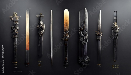 Cartoon fantastic weapon set with colorful sword knife for game design, isolated on black background. 3D artwork photo