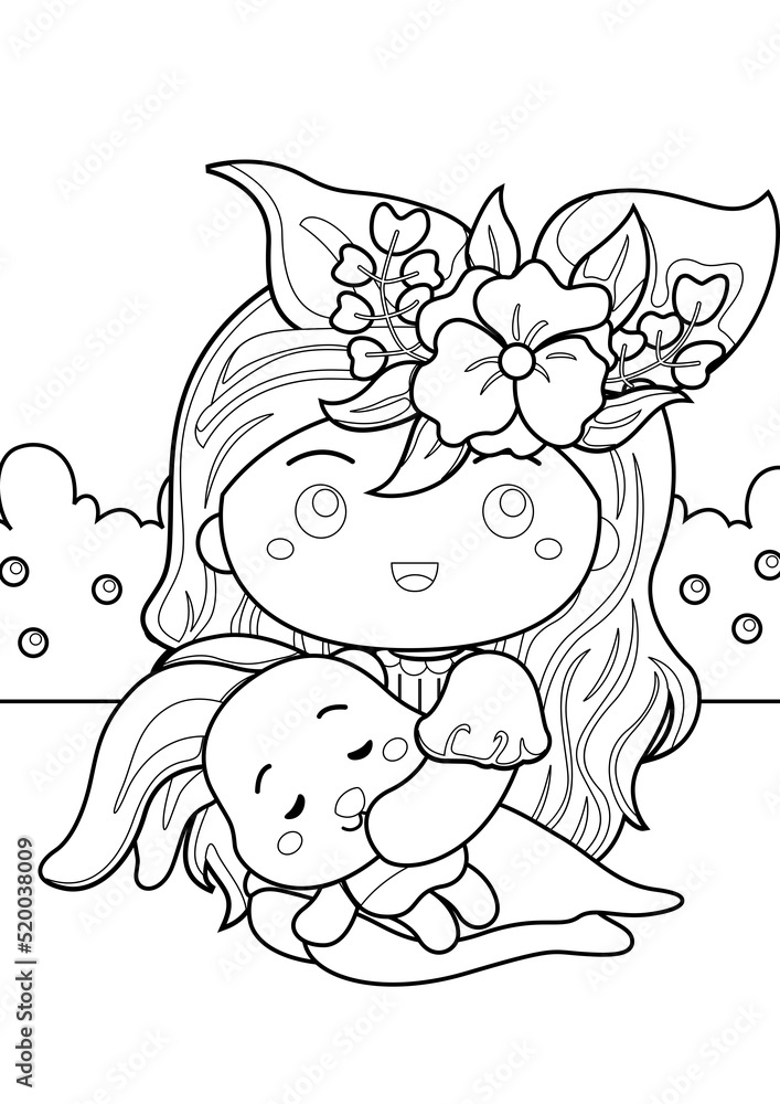 Obraz premium Little Girl and Easter Bunny Theme Coloring Pages A4 for Kids and Adult