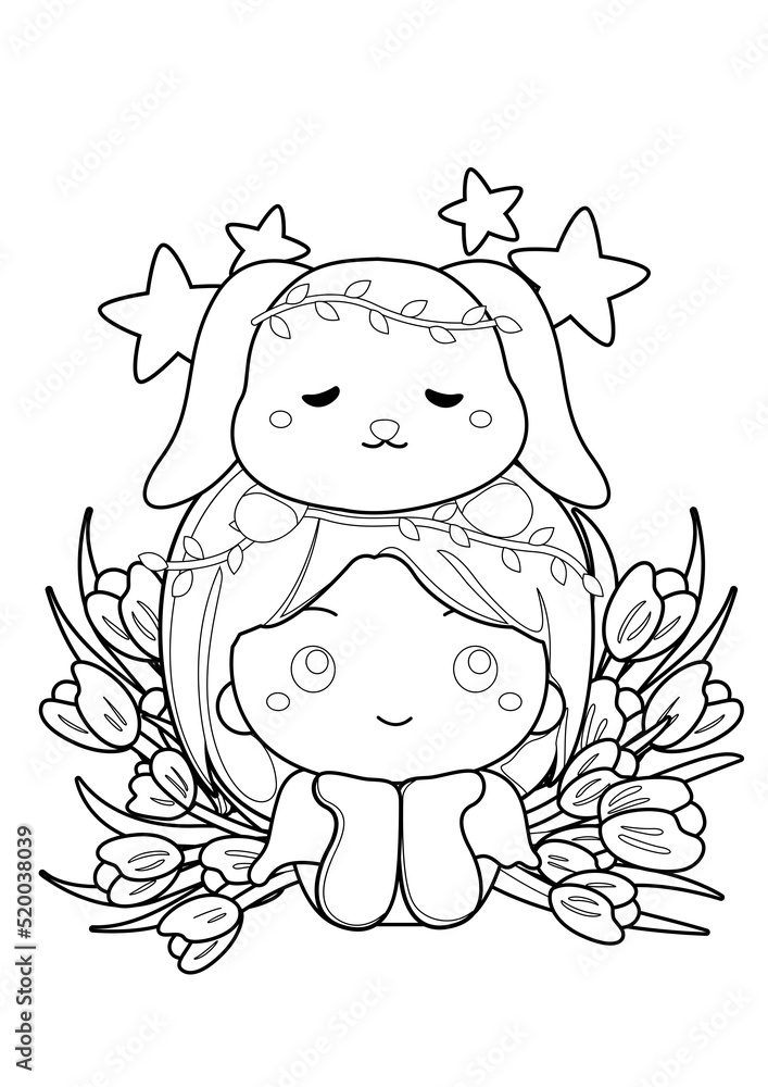 Little Girl and Easter Bunny Theme Coloring Pages A4 for Kids and Adult Little Girl and Easter Bunny Theme Coloring Pages A4 for Kids and Adult