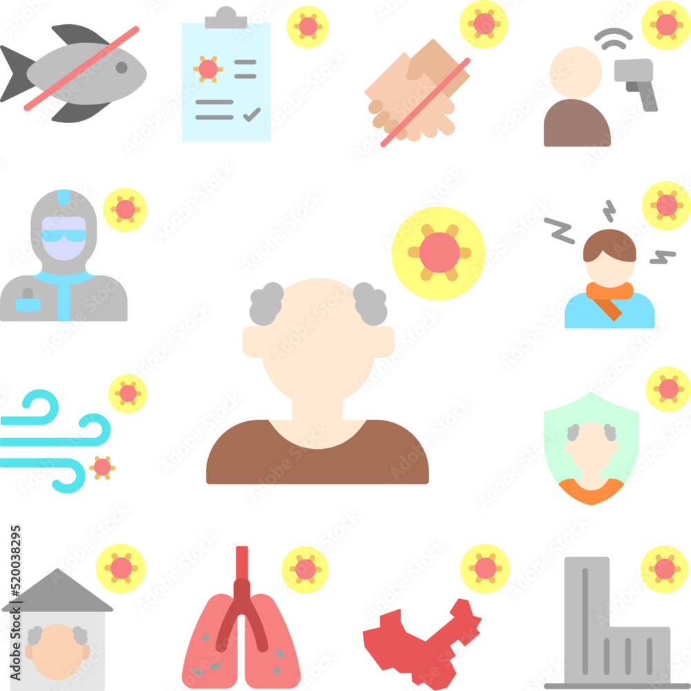 Old man, coronavirus icon in a collection with other items