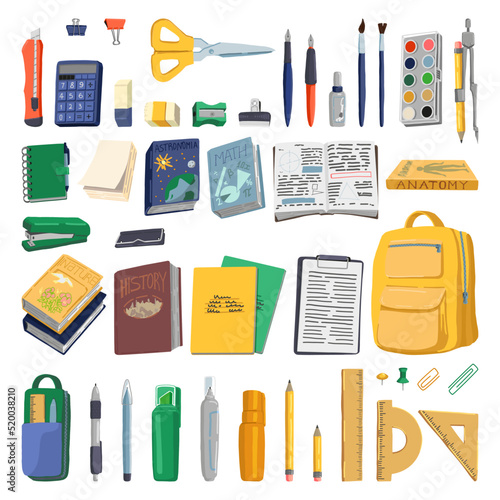 School supplies doodles collection. Set of backpack, notebooks, textbooks, stationery items, beginner artist tools. Cartoon style vector illustrations. Back to school cliparts isolated on white.