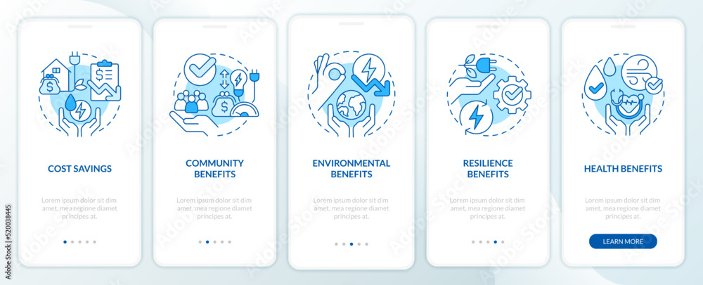 Energy efficiency benefits blue onboarding mobile app screen. Walkthrough 5 steps editable graphic instructions with linear concepts. UI, UX, GUI template. Myriad Pro-Bold, Regular fonts used