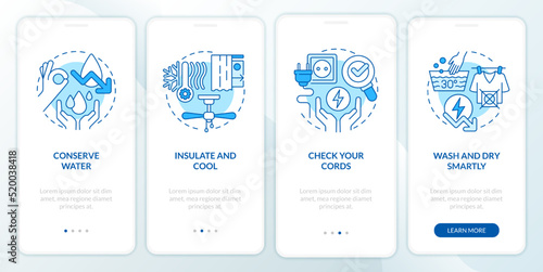 Energy efficiency at home blue onboarding mobile app screen. Walkthrough 4 steps editable graphic instructions with linear concepts. UI, UX, GUI template. Myriad Pro-Bold, Regular fonts used