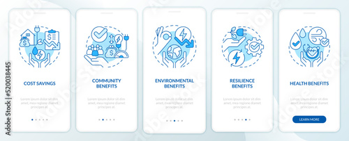 Energy efficiency benefits blue onboarding mobile app screen. Walkthrough 5 steps editable graphic instructions with linear concepts. UI, UX, GUI template. Myriad Pro-Bold, Regular fonts used