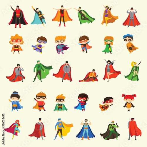 Vector illustrations of female and male kids superheroes in funny comics costume