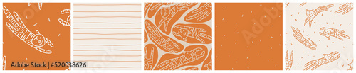 Ethnic tiger terracotta orange and off white seamless pattern set. Primitive illustration, bohemian vector design with wild animal in warm earthy tones for fashion fabric or bedding textile.