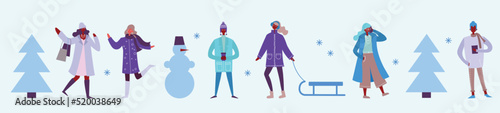 Vector illustration in flat design of winter season background with people outdoor in the flat design