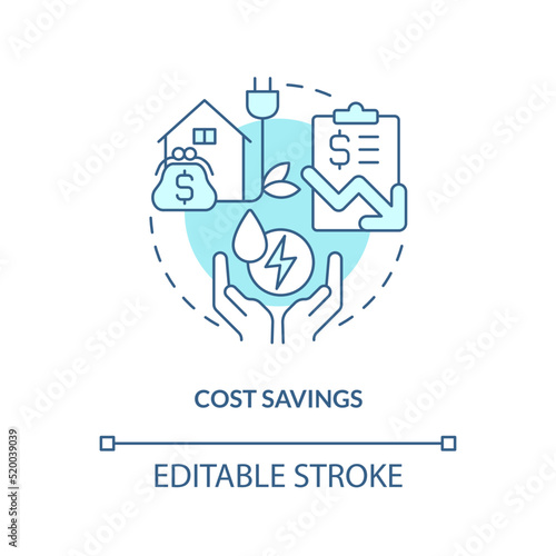 Cost savings turquoise concept icon. Power conservation. Energy efficiency benefit abstract idea thin line illustration. Isolated outline drawing. Editable stroke. Arial, Myriad Pro-Bold fonts used
