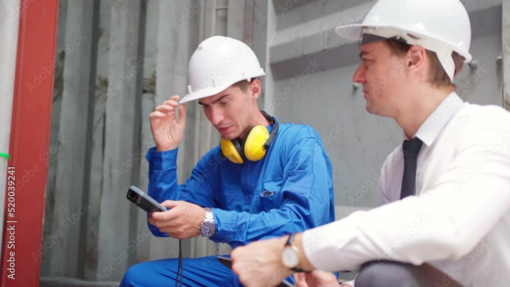 Dock manager and engineer worker in safety helmet sitting in front of container in shipping yard and discuss. Import and export product. Manufacturing transportation and global business concept.
Dock manager and engineer worker in safety helmet sitting in front of container in shipping yard and discuss. Import and export product. Manufacturing transportation and global business concept.