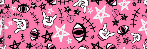 Pink punk rock stars doodle banner pattern
