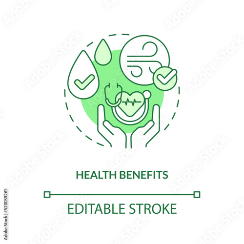 Health benefits green concept icon. Clean water. Energy efficiency benefit abstract idea thin line illustration. Isolated outline drawing. Editable stroke. Arial, Myriad Pro-Bold fonts used