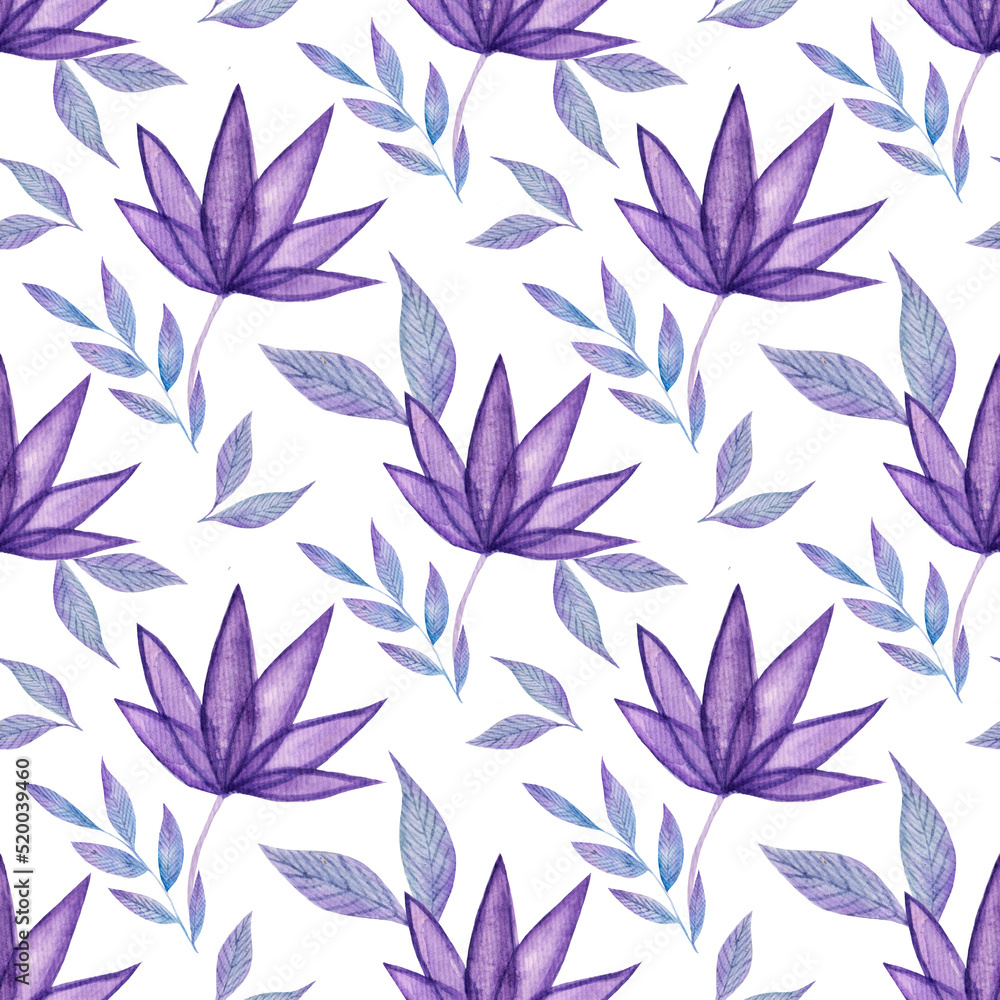 Watercolor pattern with flowers and leaves in purple colors on a white background. Pattern for various products. Watercolor pattern with flowers and leaves in purple colors on a white background. Pattern for various products.