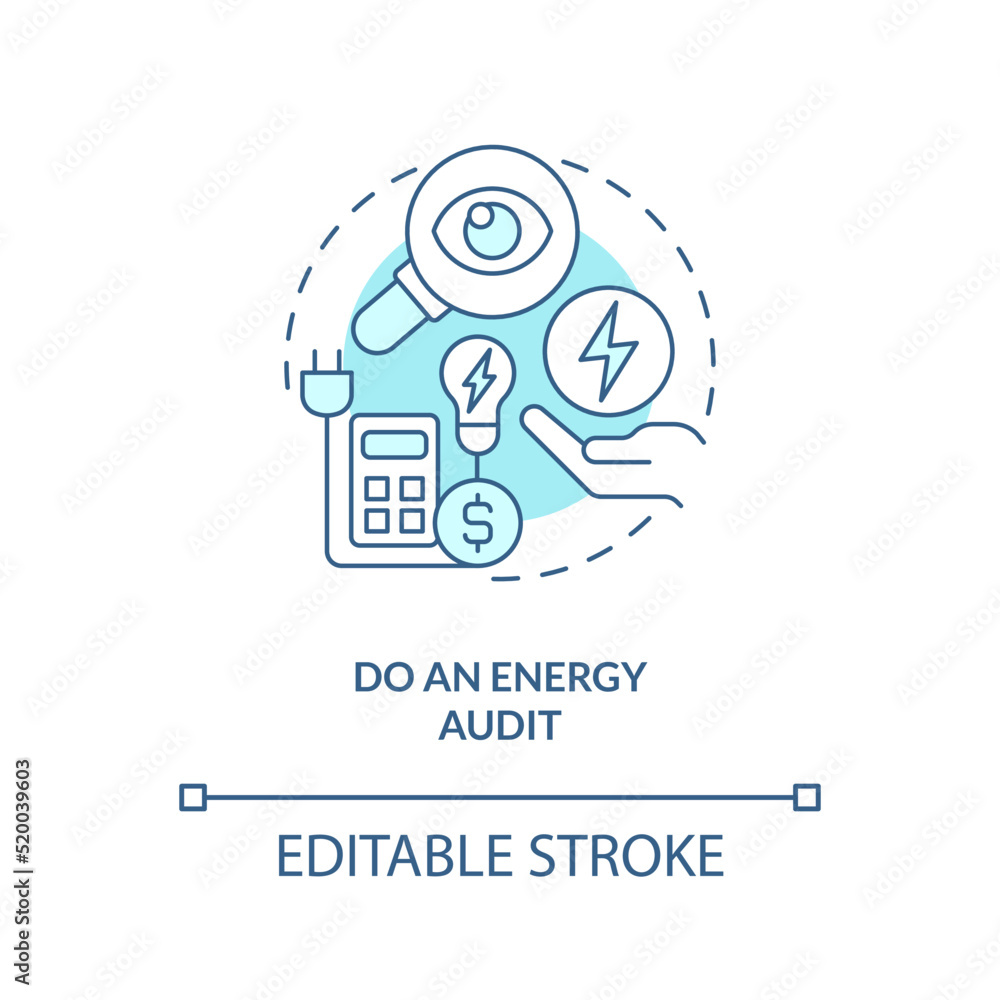 Do energy audit turquoise concept icon. Company expenses. Energy efficiency at work abstract idea thin line illustration. Isolated outline drawing. Editable stroke. Arial, Myriad Pro-Bold fonts used Do energy audit turquoise concept icon. Company expenses. Energy efficiency at work abstract idea thin line illustration. Isolated outline drawing. Editable stroke. Arial, Myriad Pro-Bold fonts used