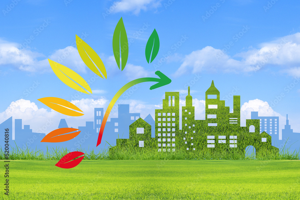 Ville verte, concept ville écologique sous le ciel bleu, sobriété énergétique et économie d'énergie, changements des comportements.