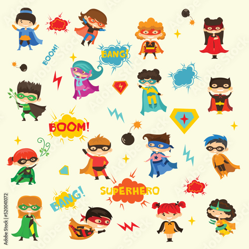Vector illustrations of female and male kids superheroes in funny comics costume