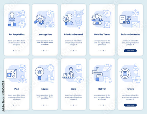Supply chain management light blue onboarding mobile app screen set. Walkthrough 5 steps editable graphic instructions with linear concepts. UI, UX, GUI template. Myriad Pro-Bold, Regular fonts used