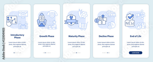 Stages of product lifecycle light blue onboarding mobile app screen. Walkthrough 5 steps editable graphic instructions with linear concepts. UI, UX, GUI template. Myriad Pro-Bold, Regular fonts used