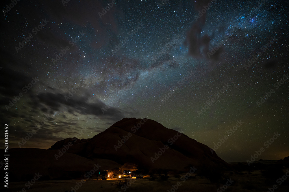 Milky Way over camp near Spitzkoppe mountain in sunrise, Namibia, Africa