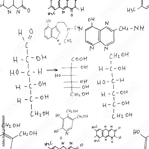 Chemical formulas. Seamless pattern. Vector background on white.