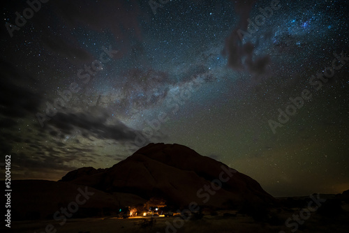 Milky Way over camp near Spitzkoppe mountain in sunrise  Namibia  Africa