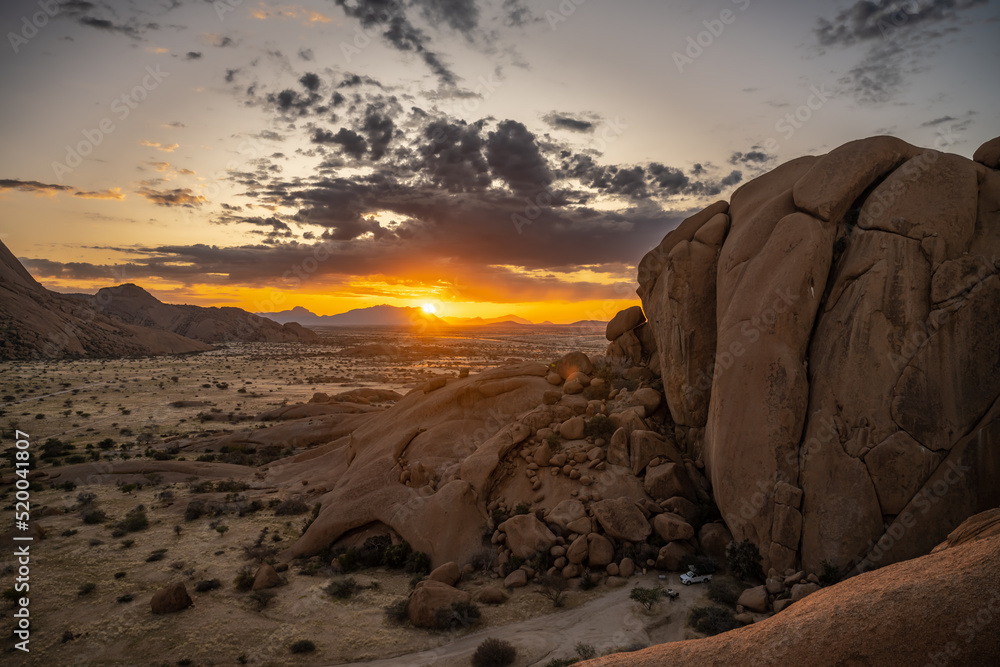 Camping near Spitzkoppe mountain in sunrise, Namibia, Africa