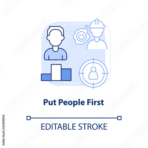 Put people first light blue concept icon. Support employees. Supply chain priority abstract idea thin line illustration. Isolated outline drawing. Editable stroke. Arial, Myriad Pro-Bold fonts used