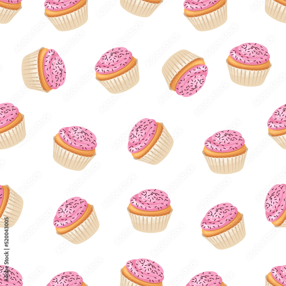 Seamless pattern of cupcake with pink strawberry buttercream frosting and chocolate sprinkle. Seamless pattern of cupcake with pink strawberry buttercream frosting and chocolate sprinkle.