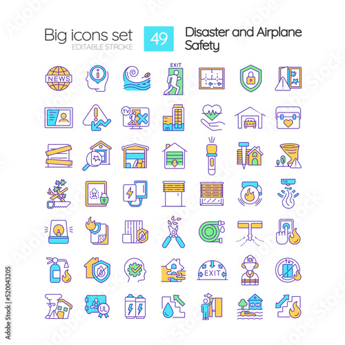 Disaster and airplane safety RGB color icons set. House protection. Safety measures. Isolated vector illustrations. Simple filled line drawings collection. Editable stroke. Quicksand-Light font used