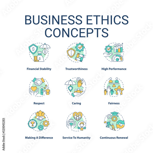 Business ethics concept icons set. Corporate social responsibility idea thin line color illustrations. Service to humanity. Isolated symbols. Editable stroke. Roboto-Medium, Myriad Pro-Bold fonts used