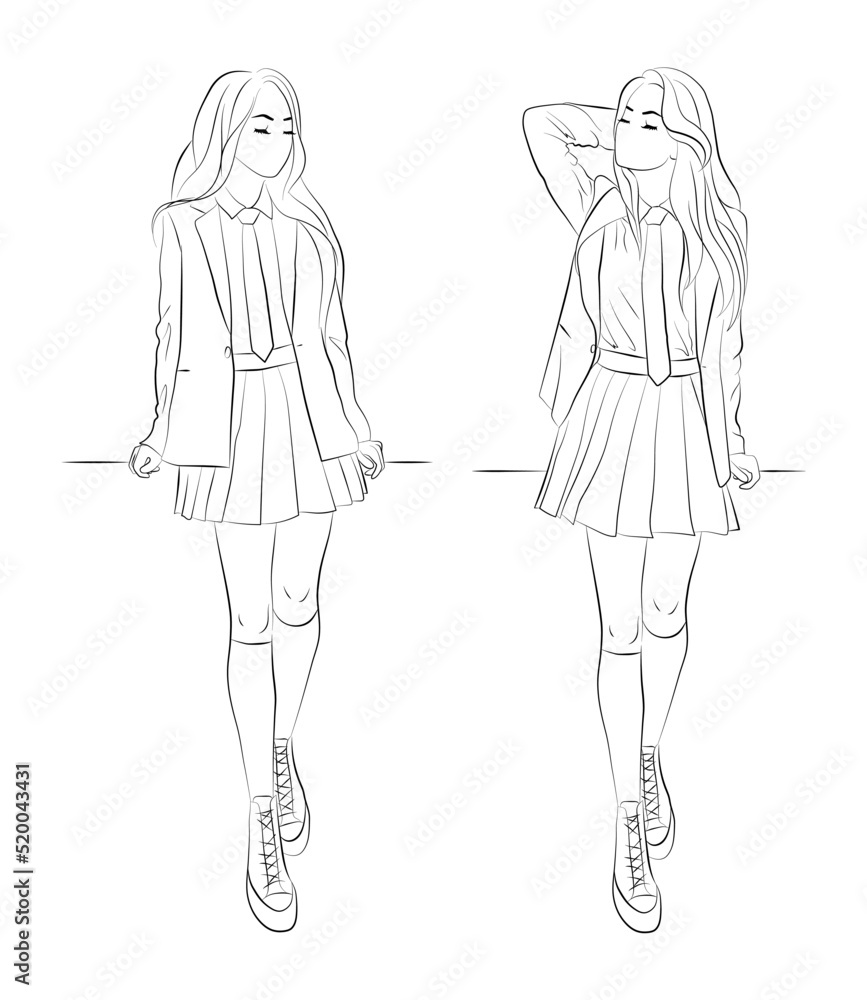 Vector illustration set of a teenage girl sitting, leaning on a desk or railing. Schoolgirl in student uniform: shirt, jacket, tie, pleated skirt, stockings, sneakers. Vector illustration set of a teenage girl sitting, leaning on a desk or railing. Schoolgirl in student uniform: shirt, jacket, tie, pleated skirt, stockings, sneakers.