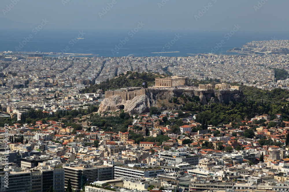 Acropolis of Athens and the surrounding modern city from Mount Lycabettus  Athens Greece