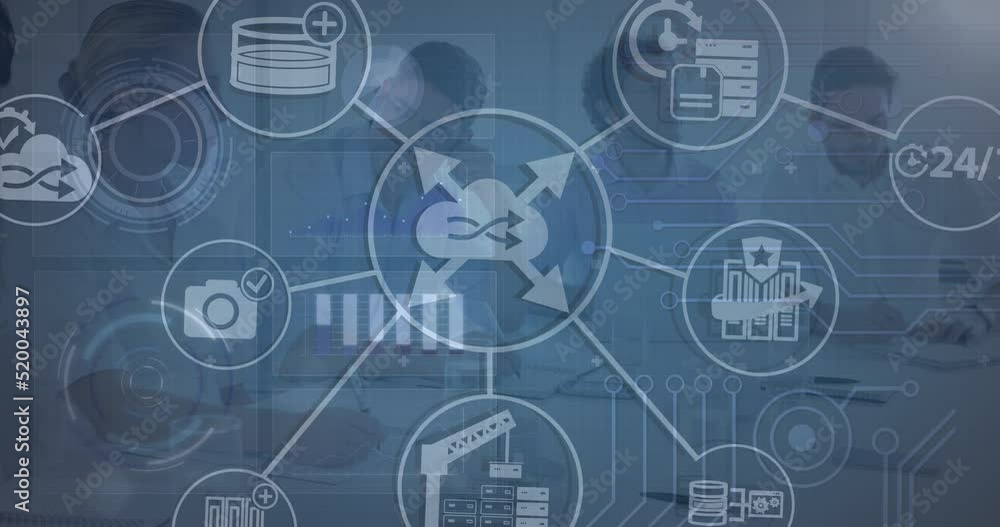 Animation of tech icons and diverse coworkers on green digital screen